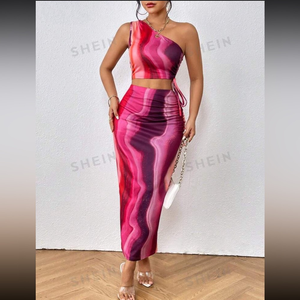 Tie Dye Print One Shoulder Draw Strong Crop Top & Pencil Skirt